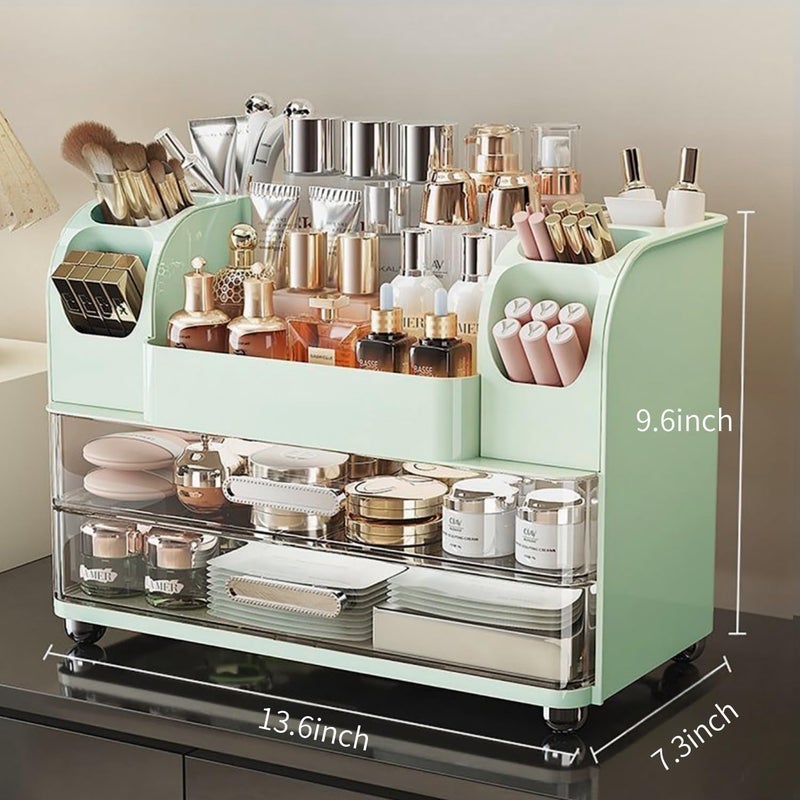 Heaime Makeup Organizer with Drawers for Vanity,Bathroom Countertop Organizer with Brushes Holder,Skincare Storage Organizer,Perfect Cosmetic Display Case for Skincare,Lipstick and Beauty Essential (Green) - Image 2